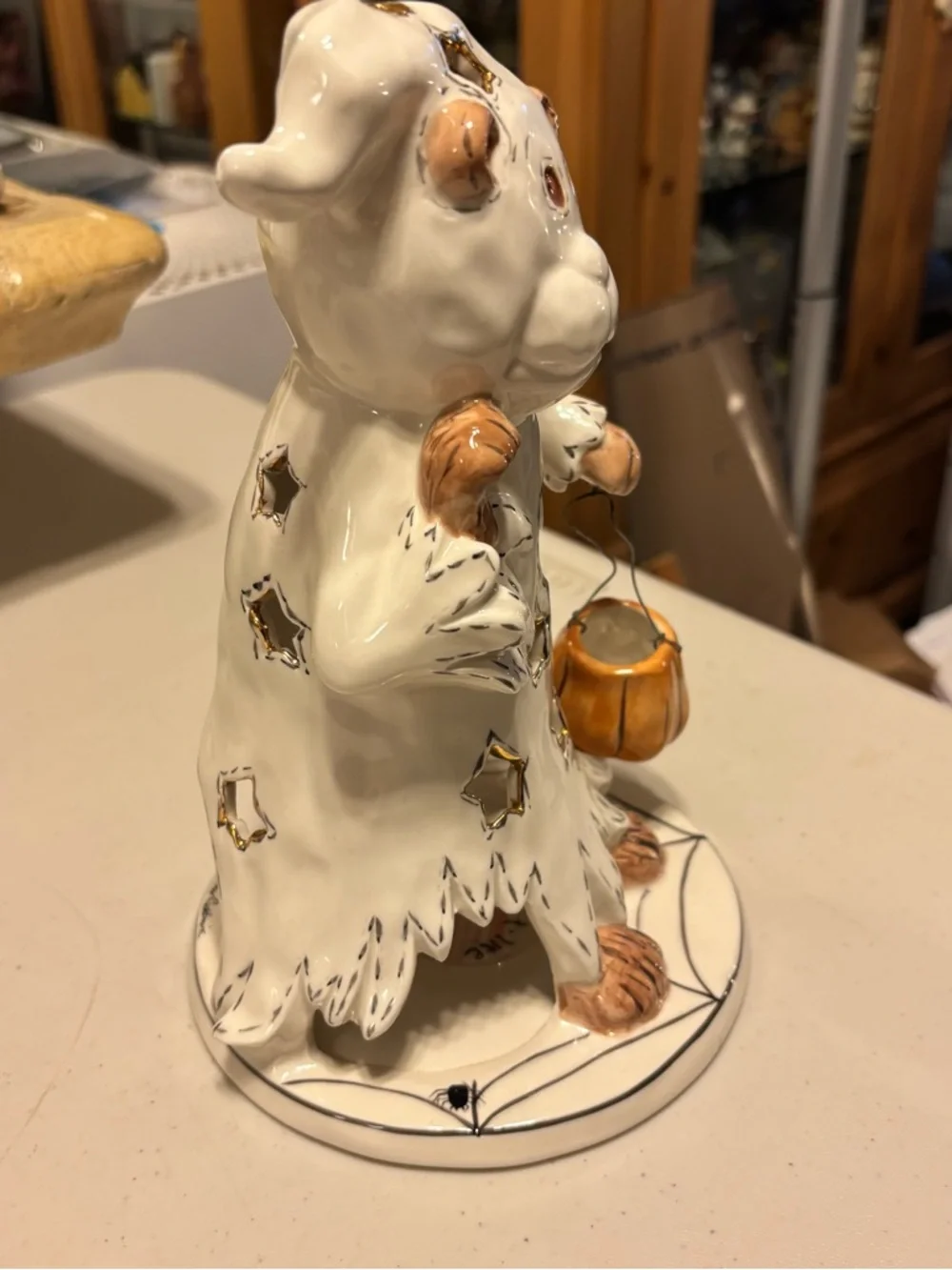 Blue sky White Ceramic Bear Ghost with Orange Pumpkin Bucket - Home Accent.